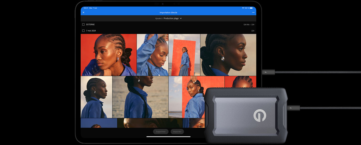 iPad Pro en orientation paysage, écran affichant plusieurs photos, disque dur externe devant l’iPad, connecté par un câble