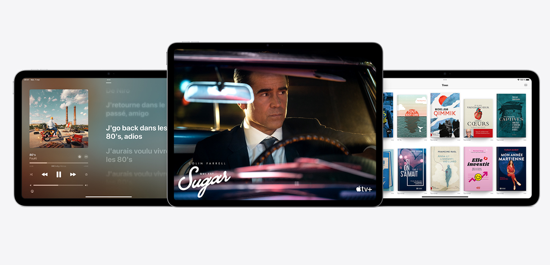 Deux iPad et un iPad Air affichant les services Apple Music, Apple TV+ et Apple Books.