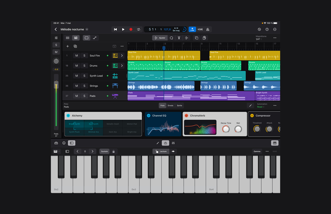 Un iPad Pro affichant divers instruments logiciels compatibles avec Ableton Link, dans Logic Pro pour iPad.