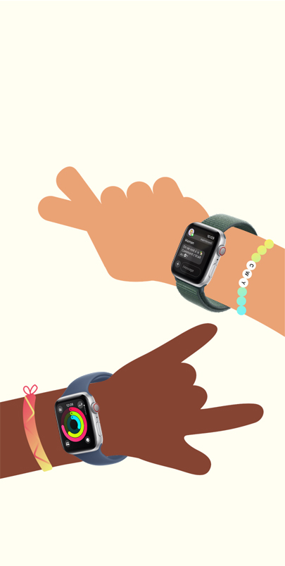 Illustration montrant deux mains d’enfants portant chacune une Apple Watch SE.