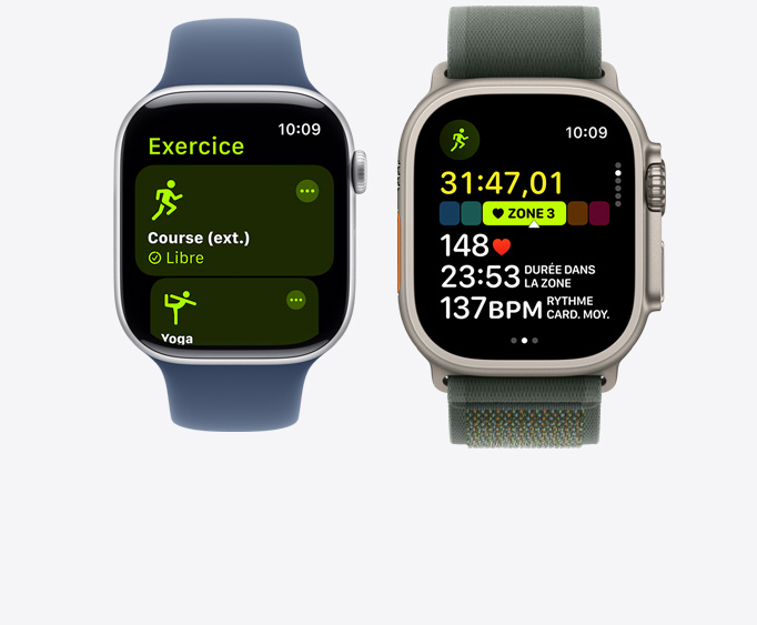 Vue d’une Apple Watch Series 10 et d’une Apple Watch Ultra 2, affichant respectivement une séance de yoga et un entraînement de course avec différents types de données.