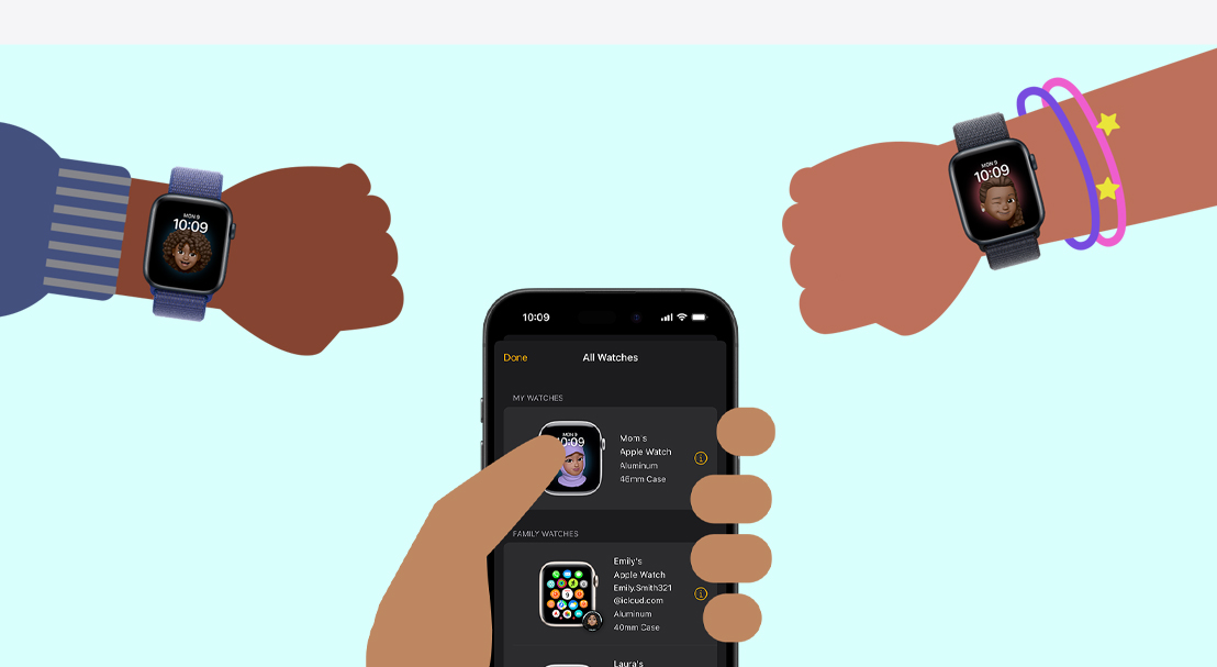 Illustration of two children's hands and an adult hand holding an iPhone 16. Each child is wearing an Apple Watch SE. The adult hand is setting up Apple Watch For Your Kids.