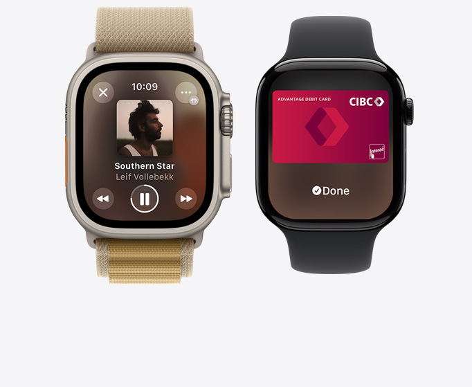 Front view of an Apple Watch Ultra 2 and Apple Watch Series 10 showing music playing and a generic card using Apple Pay.