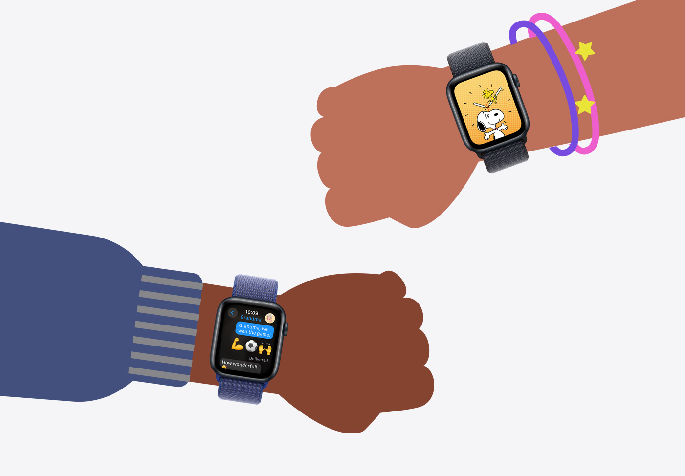 Illustrations of two children's wrists wearing Apple Watch SE.