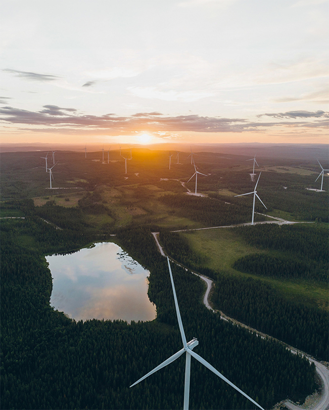 Una serie di turbine eoliche per la produzione di energia viste dall’alto in un paesaggio verdeggiante.