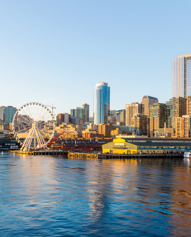 Una vista del lungomare di Seattle dove si vede una ruota panoramica.