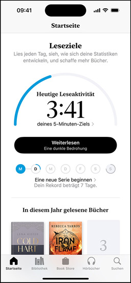 iPhone Bildschirm mit der Oberfläche „Leseziele“ in der Books App. Oben befindet sich ein Fortschrittsring. Unterhalb des Fortschrittsrings befindet sich der Tracker für den wöchentlichen Leseerfolg. Unten im Bereich „In diesem Jahr gelesene Bücher“ ist eine Reihe von zwei Büchern mit einem leeren Platz für ein drittes zu sehen