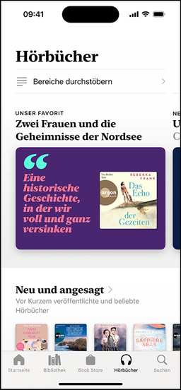 iPhone Bildschirm mit dem Bereich mit weiteren schwarzen Autoren in der Books App, der eine Einführung in Veröffentlichungen von schwarzen Autoren enthält. Darunter ist der Bereich mit neuen und demnächst erhältlichen Veröffentlichungen mit zwei Hörbüchern zu sehen