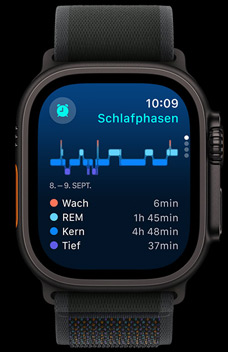 Die Schlaf App zeigt an, wie viel Zeit eine Person im REM-, Kern- und Tiefschlaf verbracht hat.