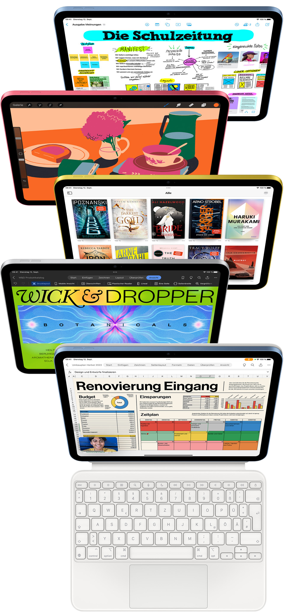 Vorderansicht von iPad Displays zeigt verschiedene Apple Apps und App Store Apps.