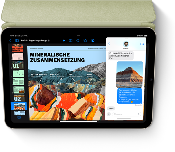 Ein iPad mini im Querformat, das Keynote und Nachrichten mit Slide Over zeigt.