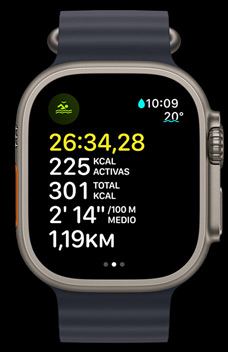 Un Apple Watch Ultra 2 muestra un entreno en aguas abiertas con datos sobre la duración, las calorías y el ritmo.