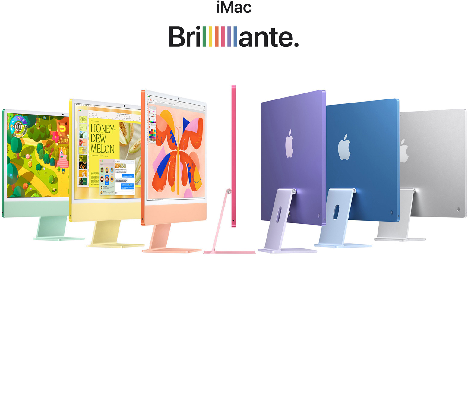 Siete ordenadores iMac en distintos colores (verde, amarillo, naranja, rosa, púrpura, azul y plata) dispuestos en forma de acordeón