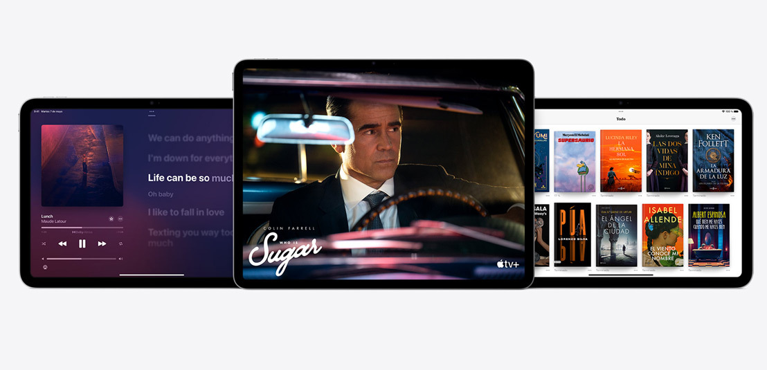 En dos iPad Air y un iPad se muestran las apps Música de Apple, Apple TV+ y Libros de Apple.