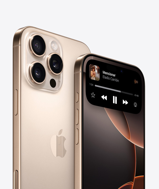 Dos iPhone 16 Pro en titanio blanco superpuestos. Uno muestra los tres objetivos de las cámaras en la parte trasera y el otro tiene la Dynamic Island en la parte superior de la pantalla.