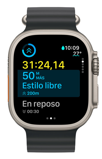 La pantalla de un Apple Watch Ultra muestra el tiempo del intervalo actual y lo que queda en el Entreno Personalizado