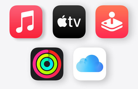 Icone di Apple Music, Apple TV, Apple Arcade, Apple Fitness Plus e iCloud