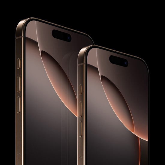 6,9" iPhone 16 Pro Max und 6,3" iPhone 16 Pro, Vorder­seite, Actiontaste, Laut­stärketasten, Dynamic Island oben in der Mitte