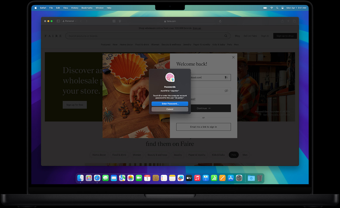 Dans Safari, une fenêtre invite la personne à utiliser Touch ID pour se connecter à un site web