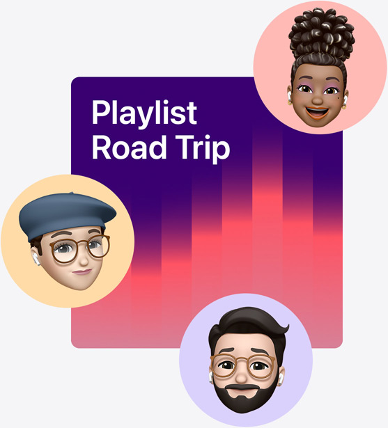 Pochette d’une playlist collaborative intitulée Road trip entourée de Memoji