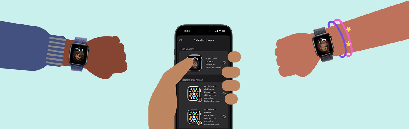 Un iPhone entre deux mains de personnes différentes, chacune portant une Apple Watch.