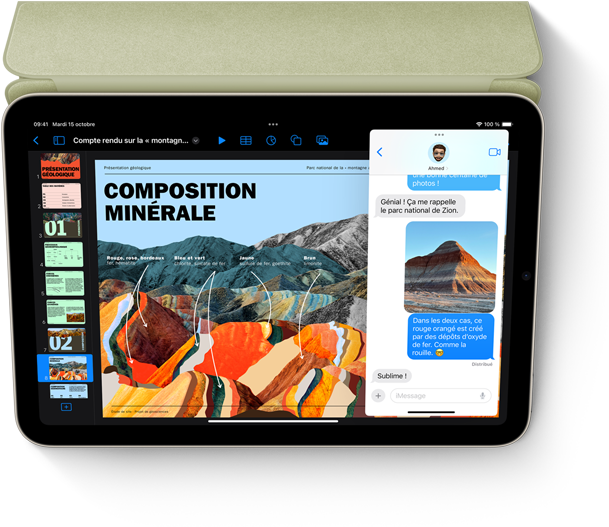 Un iPad mini en mode paysage affiche Keynote et Messages avec Slide Over.