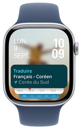 Un écran d’Apple Watch affichant le widget de l’app Traduire dans le Défilement intelligent.