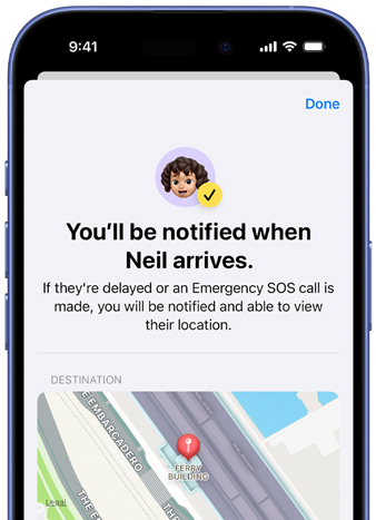 iPhone screen shows a confirmation that a Find My notification has been set up, text reads “You'll be notified when Pedro arrives”, map with pinned location sits at the bottom of screen