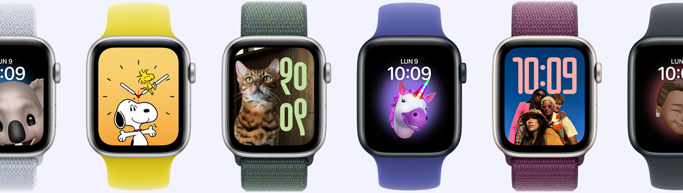 Sei Apple Watch con diversi tipi di quadranti, tra cui Memoji, Foto, Ritratto e Snoopy