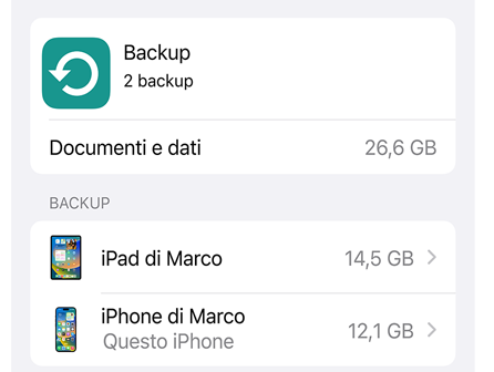 Schermata che mostra lo spazio utilizzato da Backup iCloud