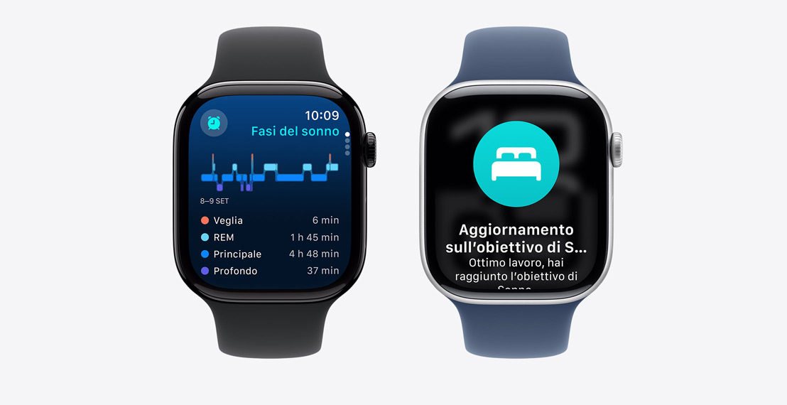 Due Apple Watch Series 10. Il primo mostra le fasi del sonno. Il secondo mostra la notifica di una possibile apnea notturna.