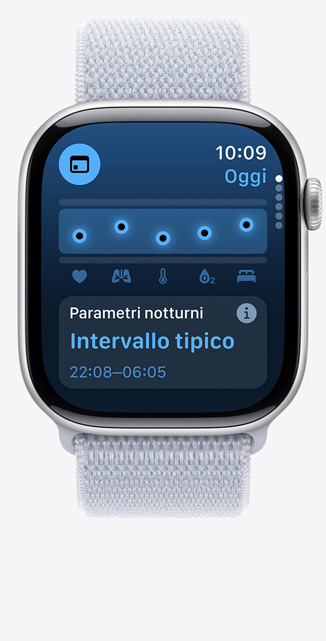 Un Apple Watch Series 10 visto di fronte che mostra la schermata dell’app Parametri Vitali con alcuni valori nella norma rilevati durante il sonno.