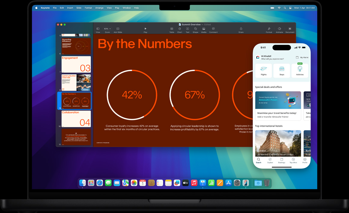 Demonstrating iPhone Mirroring, with iPhone display shown within MacBook Pro screen — user works on a presentation in Keynote app while an invitation to check in for a flight appears on the iPhone display