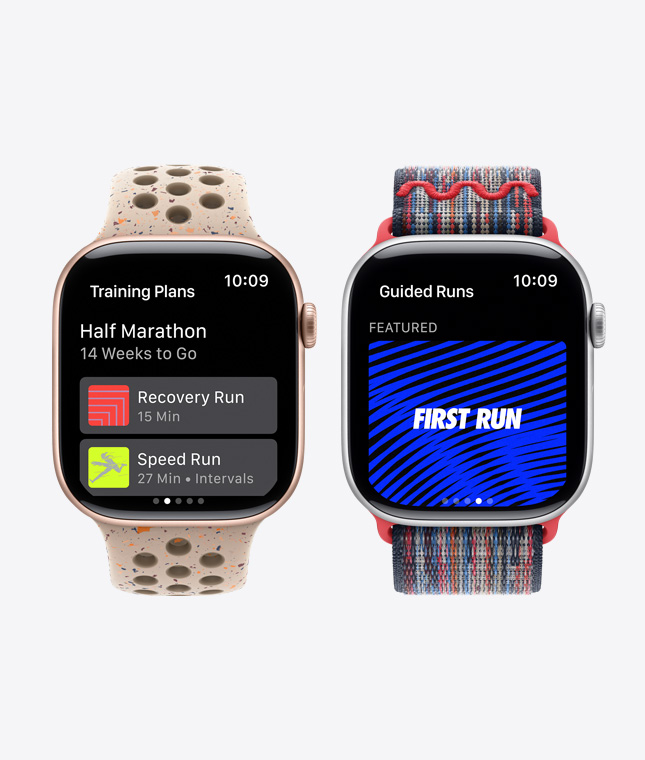 兩款 Apple Watch 裝置展示 Nike Run Club 功能，包括訓練計劃及跑步指導