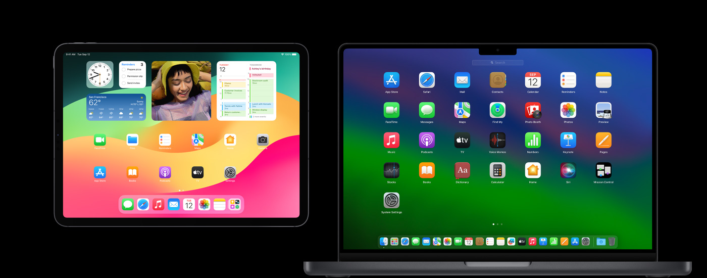 Un iPad y una Mac con varios íconos de apps. En el iPad hay diferentes widgets, como Calendario, Clima y Fotos.