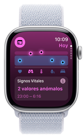 La pantalla de un Apple Watch muestra Signos Vitales Nocturnos con 2 valores atípicos