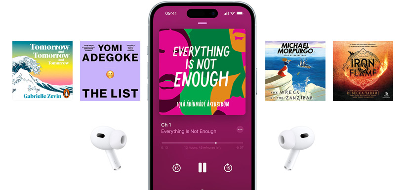 iPhone screen is centred, showing an audiobook in the Books app. Surrounding the phone are audiobook covers positioned in a horizontal layout.