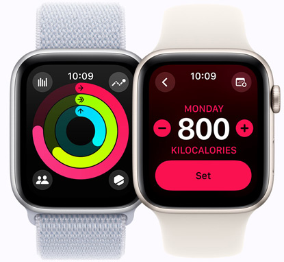 Two Apple Watch SE devices displaying Activity screens showing Activity ring and calorie goals