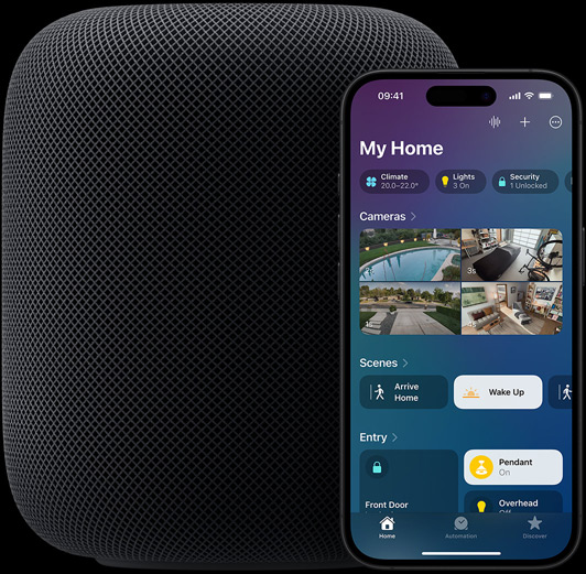 An iPhone — featuring the Home app home screen — is placed slightly in front of a HomePod speaker