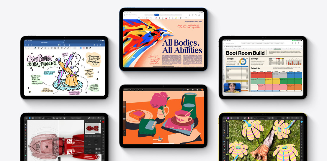 A collection of six different iPads showcasing different apps including Goodnotes 6, Affinity Designer 2, Microsoft Word, Procreate, Microsoft Excel, and Affinity Photo 2.