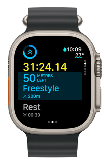 An Apple Watch Ultra screen displays the time of the current interval and what remains in the custom workout