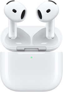 Boîtier de charge d’AirPods 4 ouvert et montrant des AirPods flottant au-dessus.