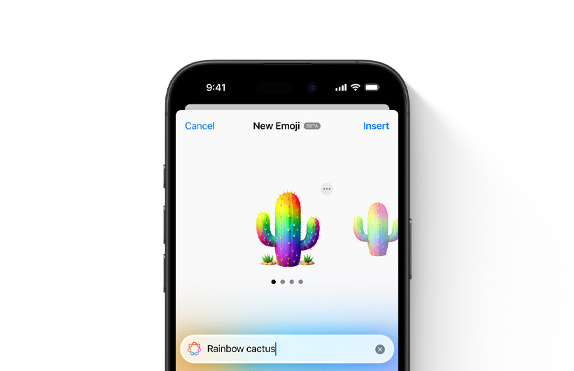 Preview of a custom Genmoji based on the prompt, rainbow cactus