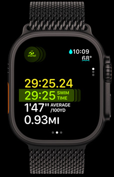 Apple Watch Ultra 2 showing the swim duration, pace, and distance as part of the Multisport feature.