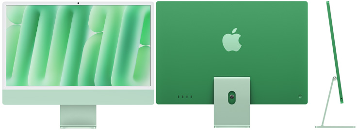 Un iMac verde mostrato di fronte, da dietro e di lato