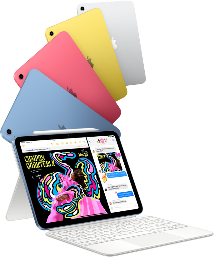 iPad in blue, pink, yellow, and silver colors and one iPad attached to the Magic Keyboard Folio.