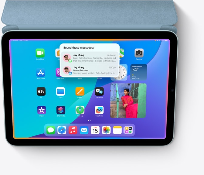 iPad mini attached to Smart Folio, iPad mini screen displays contextual search with Siri, a new Apple Intelligence feature.