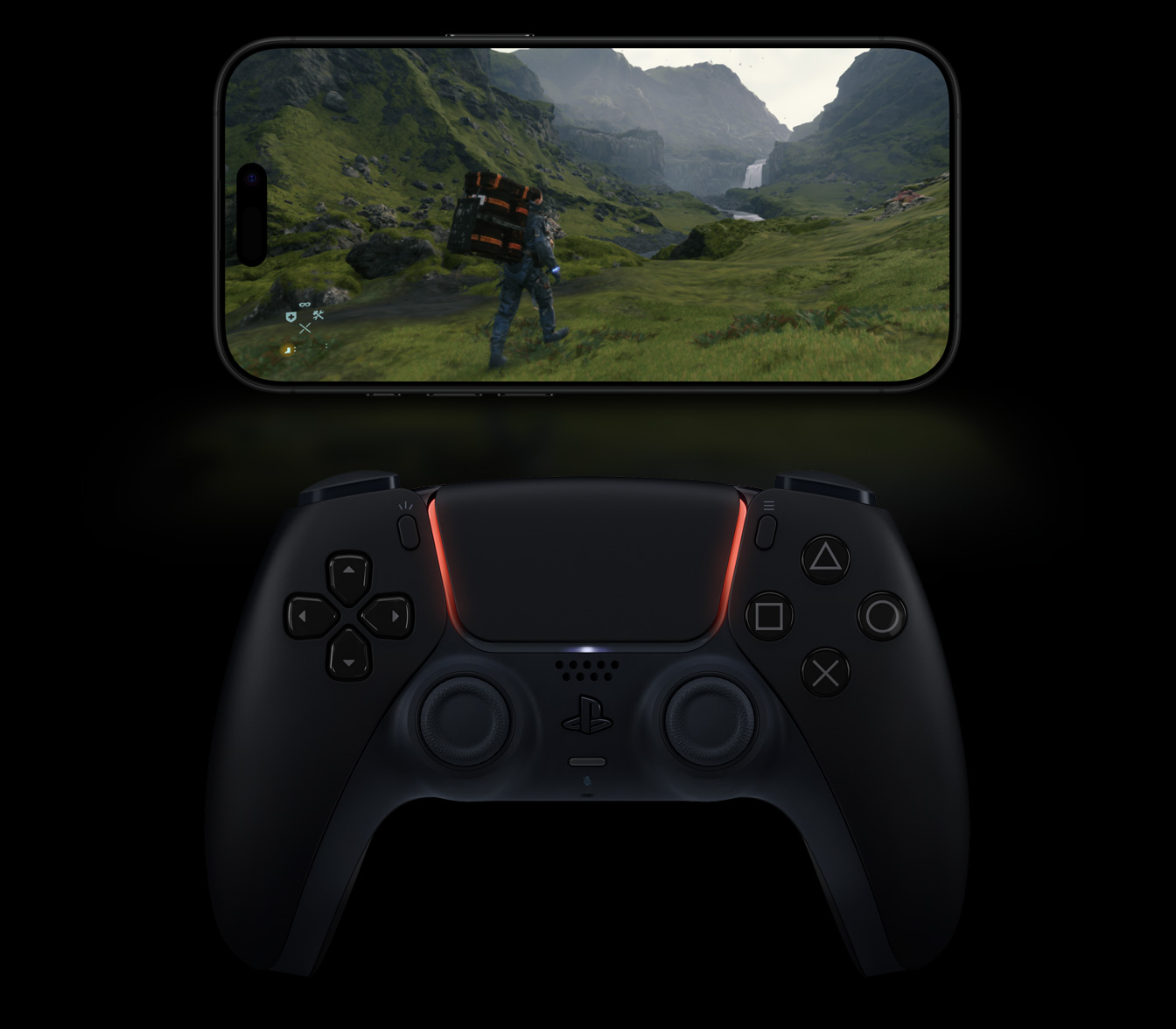 Death Stranding Director's Cut game playing on iPhone 16 Pro in Black Titanium, with a wireless game controller