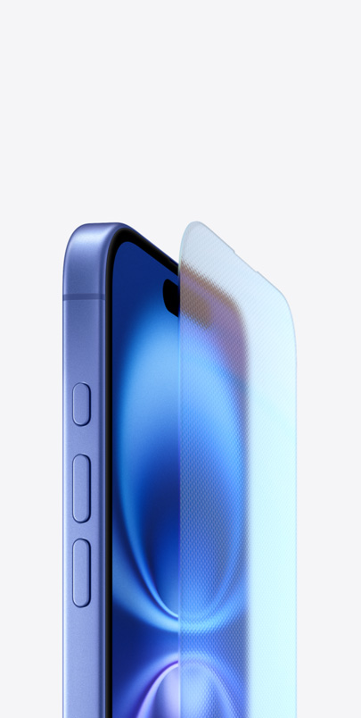 Three-quarter view of iPhone 16 highlighting aerospace-grade aluminium enclosure in ultramarine and durable Ceramic Shield screen.