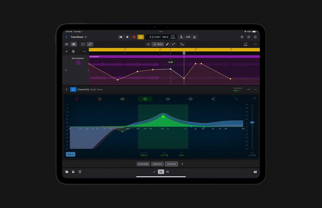 Close up of channel strips on the mixing console in Logic Pro for iPad on iPad Pro